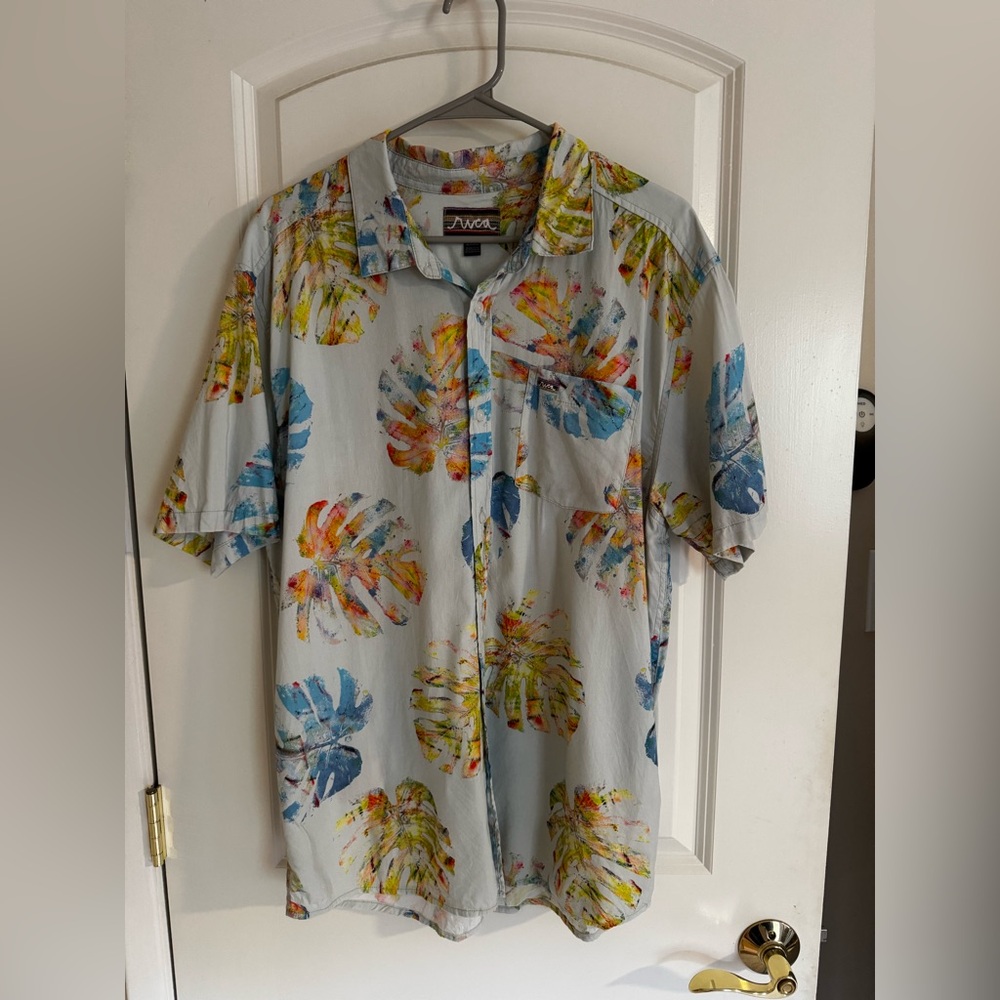 RVCA Light Blue Tropical Leaf Print Button-Down Shirt